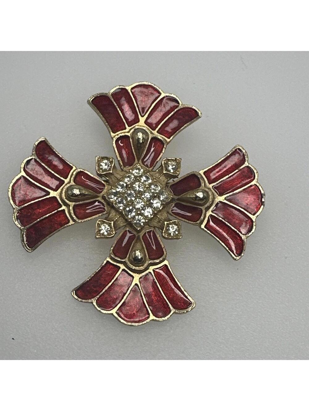 Weiss Maltese Cross Brooch Pin Goldtone Red Enamel Clear Rhinestones